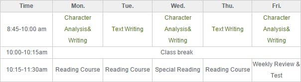 Chinese Characters Crash Program-Morning Course Timetable Sample
