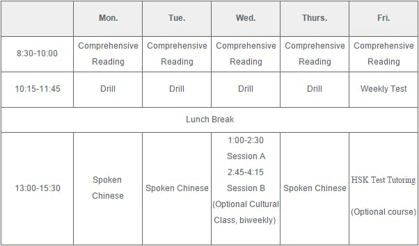 Intensive Chinese Training Program-Timetable sample