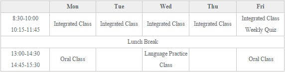Special Mandarin Training Program-sample timetable