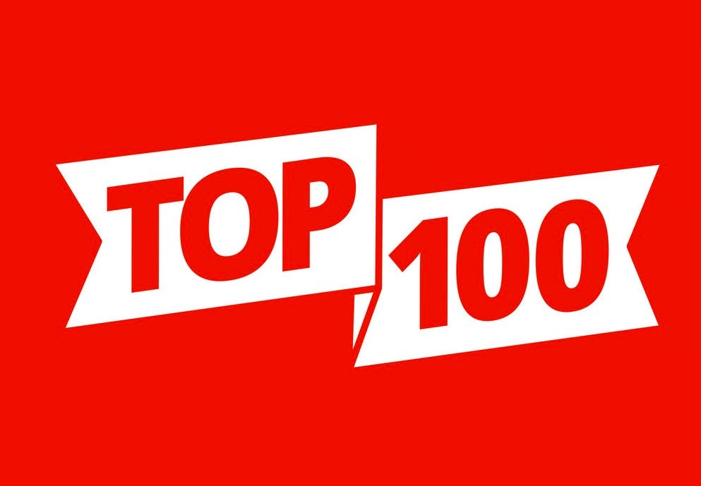 Top 100. Best ten list. Red word on ribbon. Winner tape award text title. Vector color Illustration headline clipart on a red background.