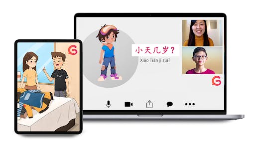 Computer screens showing GoEast Mandarin course illustrations