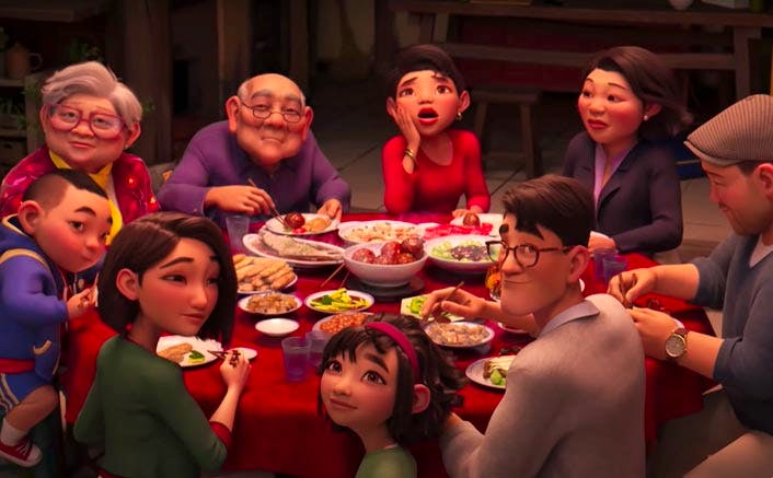 A still from the 2020 film "Over the Moon" shows a family celebrating Mid Autumn Festival together.